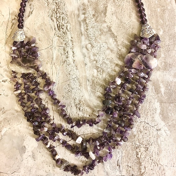 Amethyst Necklace Jewelry - Boho Chip Stone Beaded Silver Tribal Boho Necklace